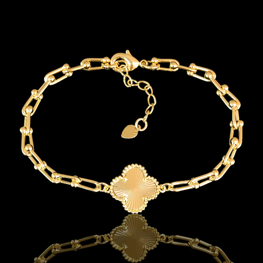 ziglo-21_Oro_Laminado_Gold_Filled_U-Link_Four_Leaf_Clover_Bracelet OL Cadenas con forma de aro redondo, chapados en oro amarillo liso - Imagen 1